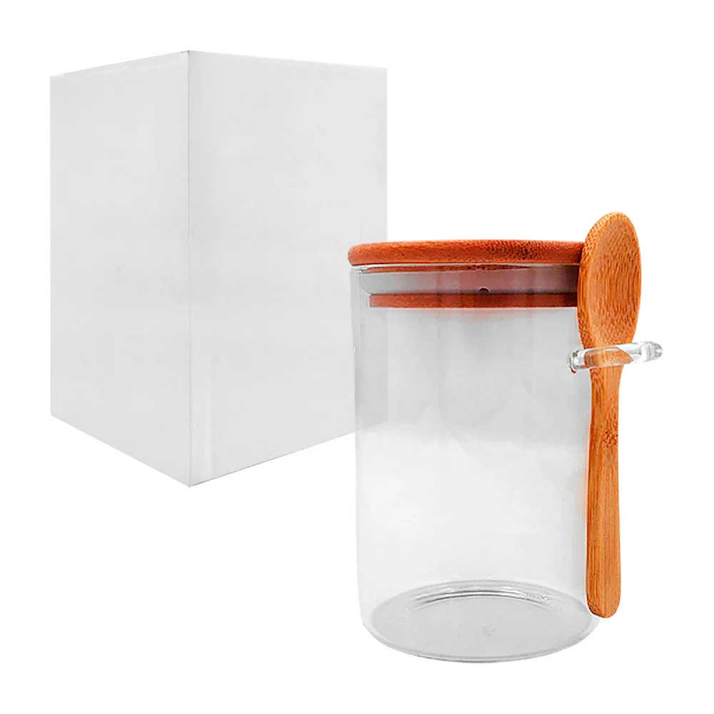 Especiero de 550ml, de vidrio, hermético, redondo, con tapa de madera y cuchara / ro-bl301
