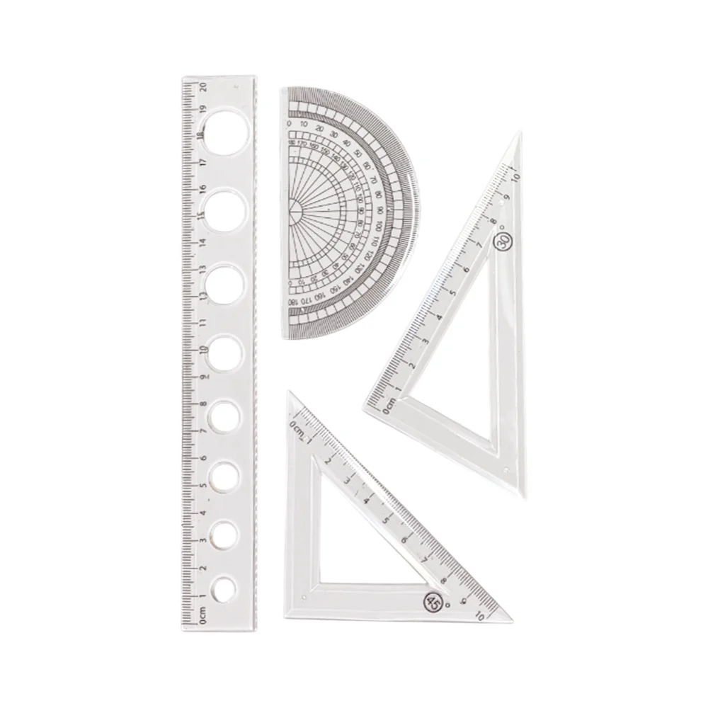 Juego de geometría chico de plástico con regla de 20cm, 2 escuadras y transportador / ruler set / labubu / lbb-0253