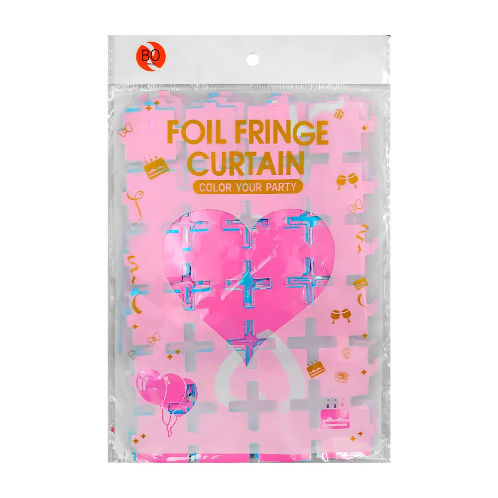 Cortina para fiesta con diseño a cuadros pequeños con perforado de cruces y estampado de revelación de género / bo-025 / foil fringe curtain