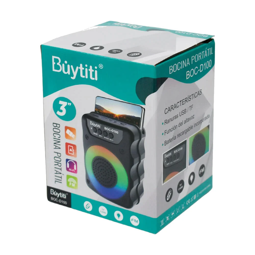 Bocina bluetooth buytiti de 3 pulgadas con luz rgb, soporte para teléfono celular y ranuras para usb y sd / boc-d100