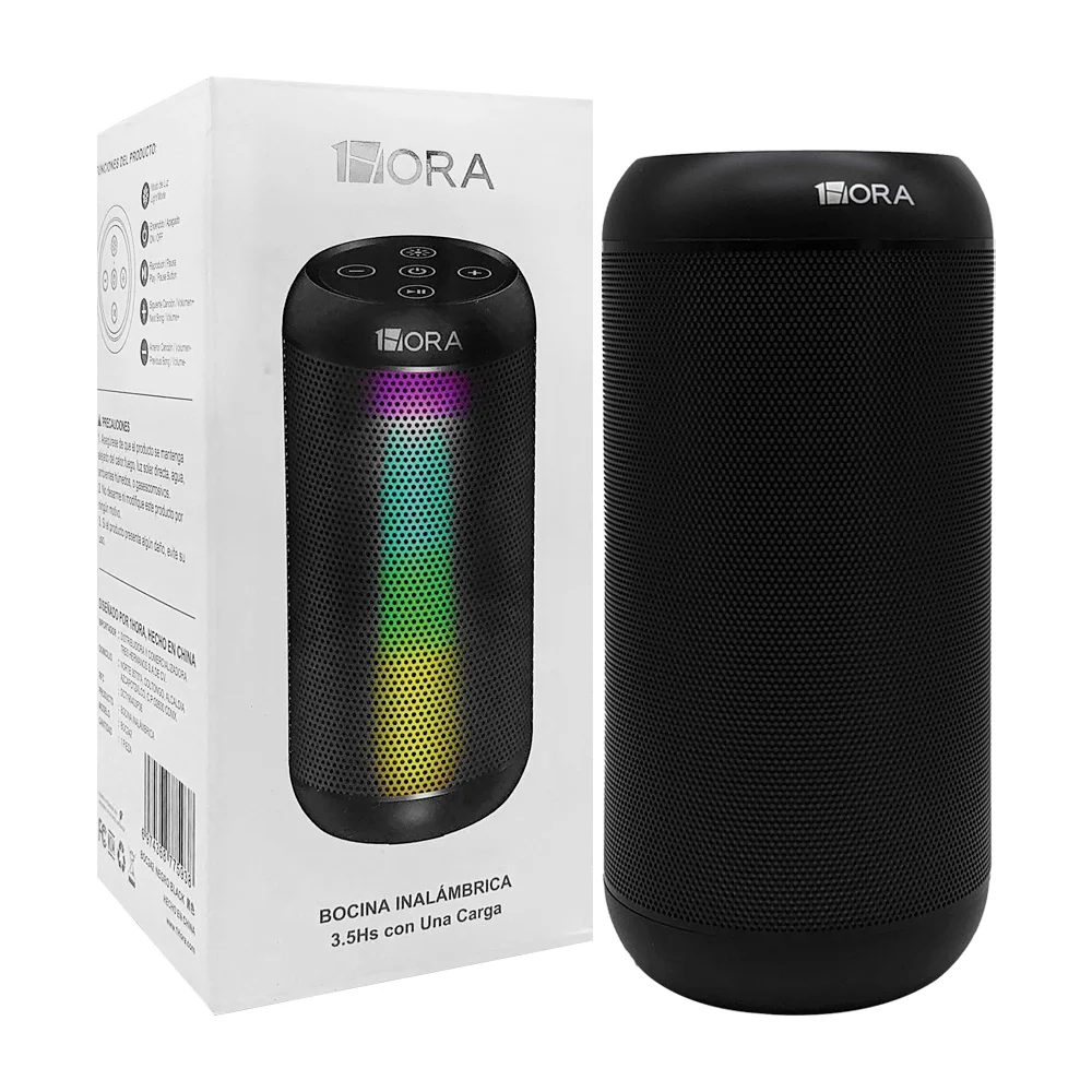 Bocina cilíndrica bluetooth portátil 1hora con luz rgb, ranura para usb y tarjeta tf / boc242