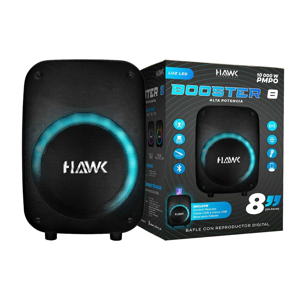 Bafle bocina hawk bluetooth de 8 pulgadas con, control remoto, luz led y ranura para usb / 777389