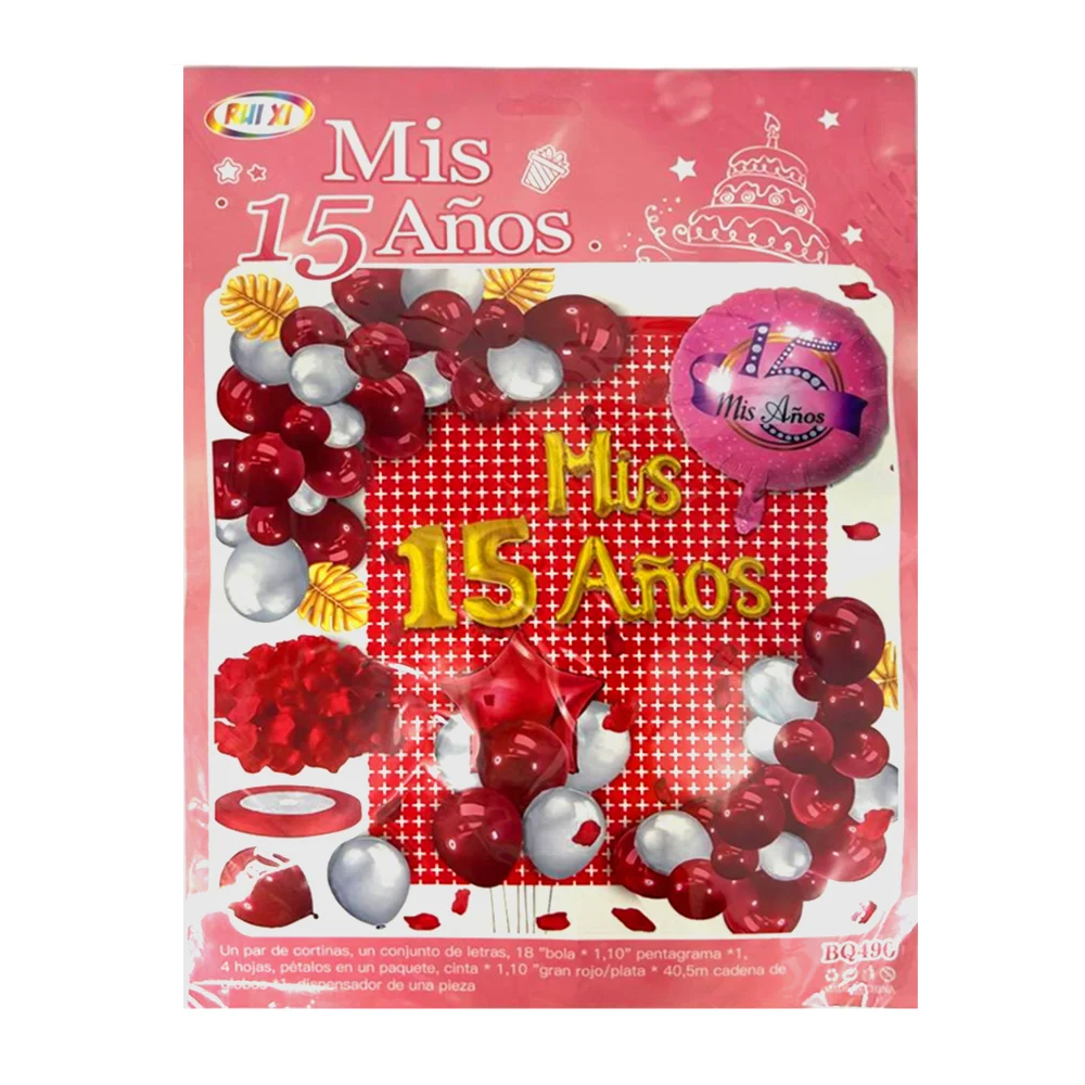 Kit decorativo de 15 años con 42 globos de diversos tamaños, cortina, 4 adornos de hojas y set de globos con frase de mis 15 años / bq490