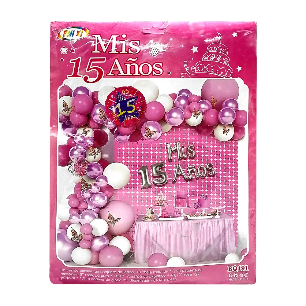Kit decoración de mis 15 años, cortina de malla cuadrada, conjunto de letras, adornos de mariposas, cinta y 53 globos / rui xi / bq491