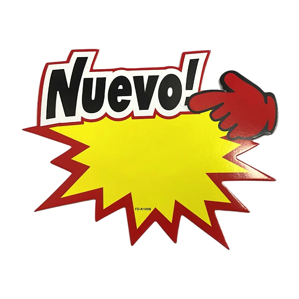 Paquete con 10 letreros llamativos de onomatopeya tipo estrella con leyenda de nuevo, 13x16.5cm