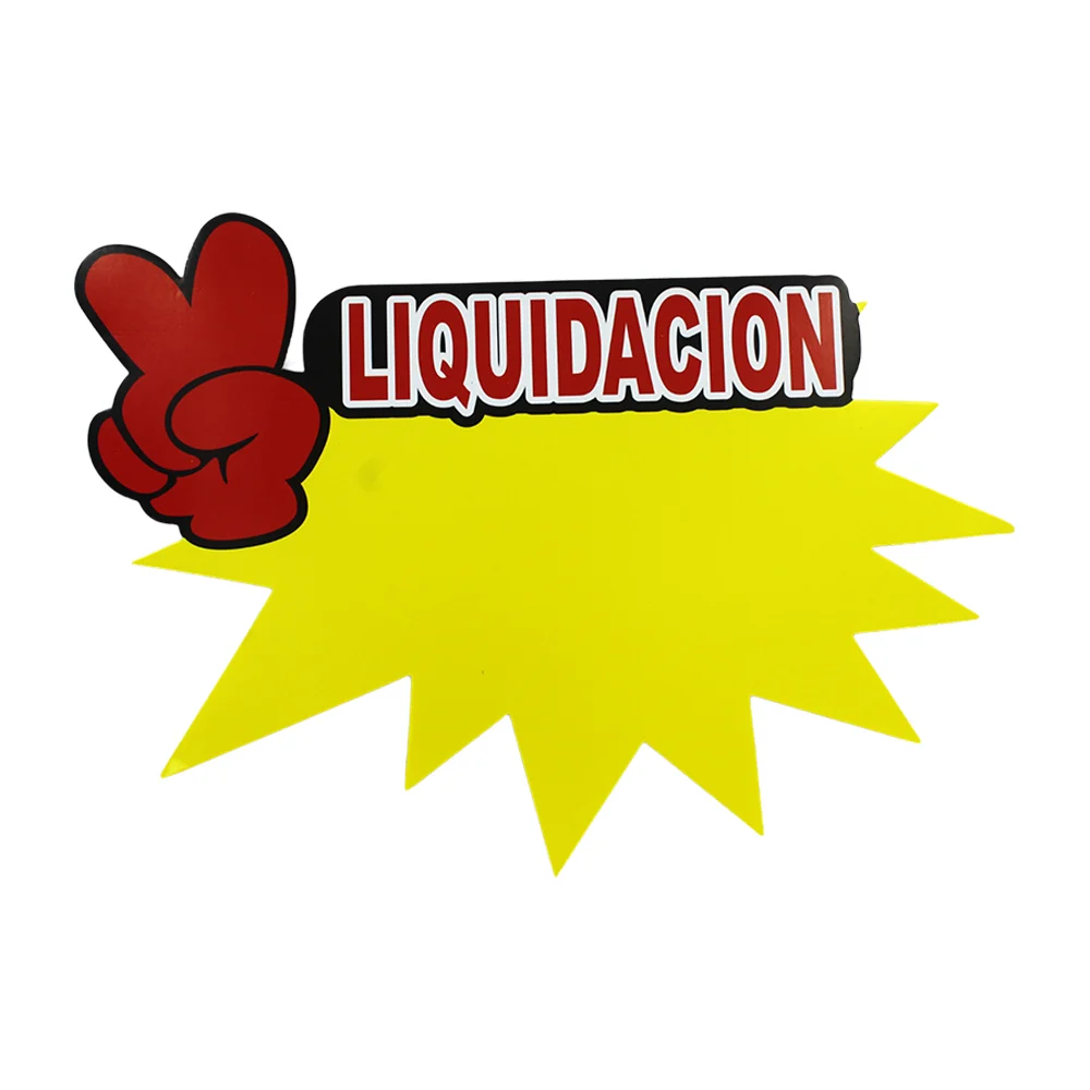 Paquete con 10 letreros llamativos grandes de onomatopeya tipo estrella con leyenda de liquidación y emoji, 21x29.7cm