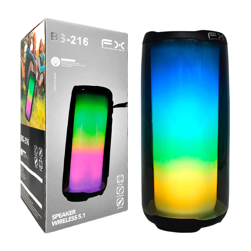 Bocina bluetooth fx portátil en forma de cilindro con luz rgb, ranura para memoria usb y tarjeta tf / speaker wireless 5.1 / bs-216