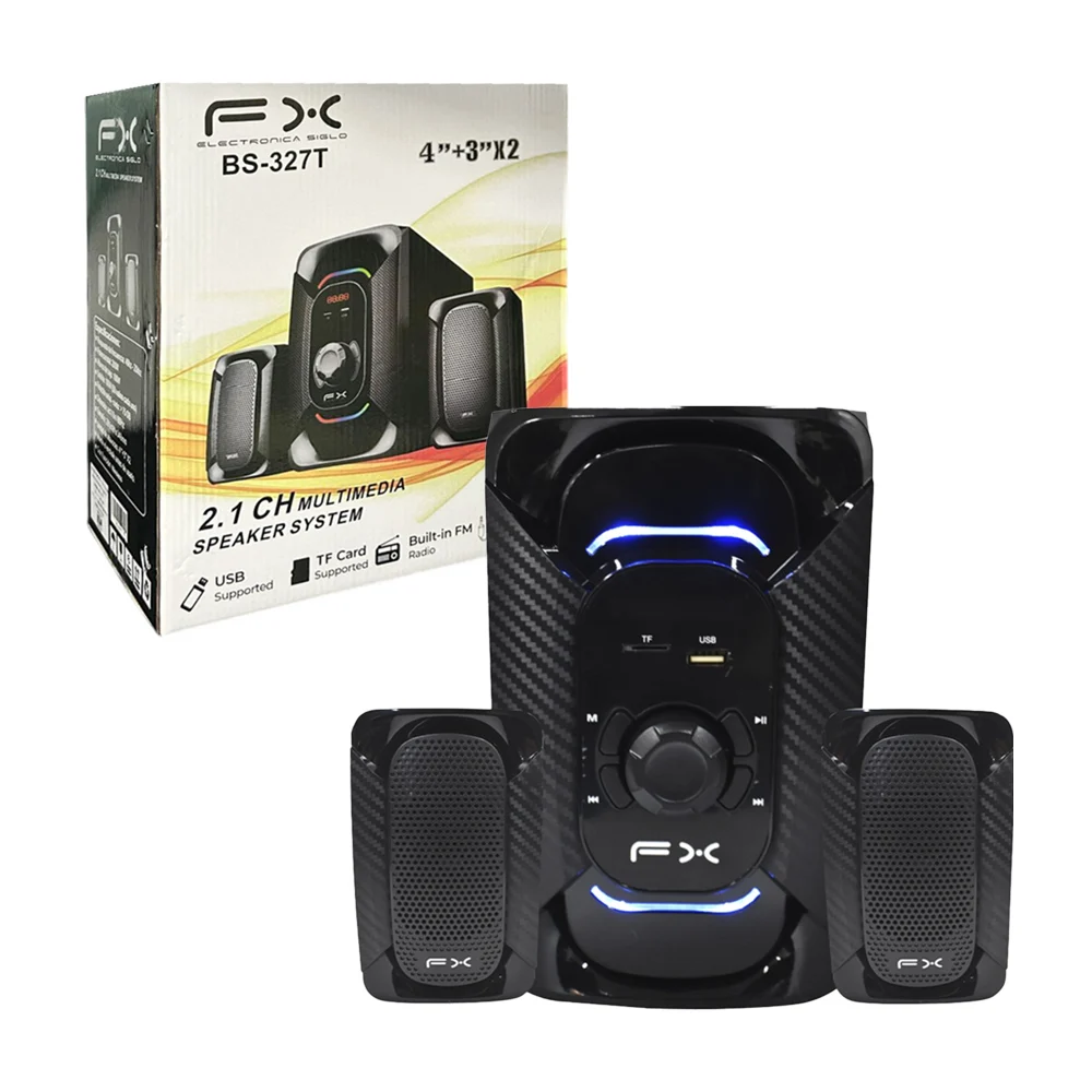 Juego de 3 bocinas fx teatro en casa con puerto usb y ranura para tf + control / 2.1 ch multimedia speaker system / bs-327t