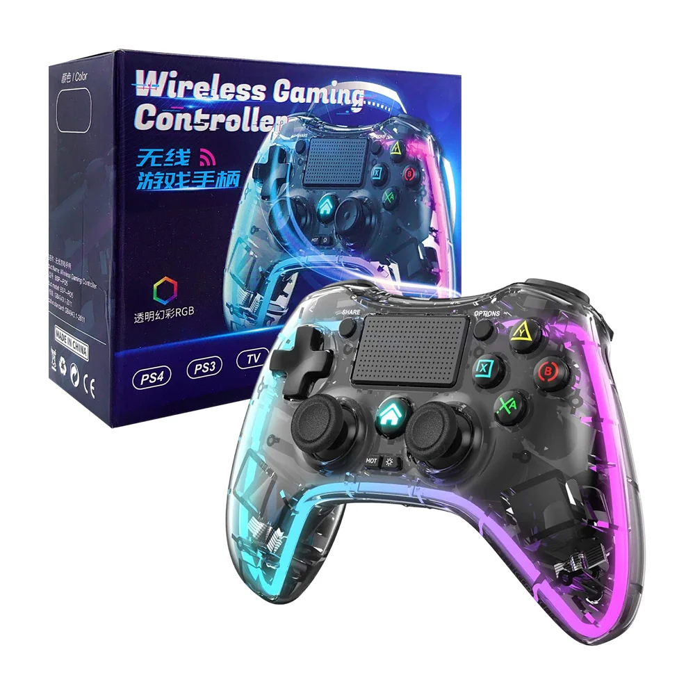 Control inalámbrico para videojuegos, compatible con ps4, ps3, tv, pc y ios, diseño transparente con tira neón de luces rgb / wireless gaming controller / bsp-p05