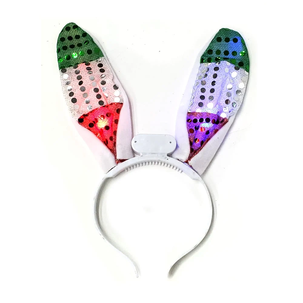 1pza Diadema en forma de orejas conejo tricolor con lentejuelas y luz led / bt-1775