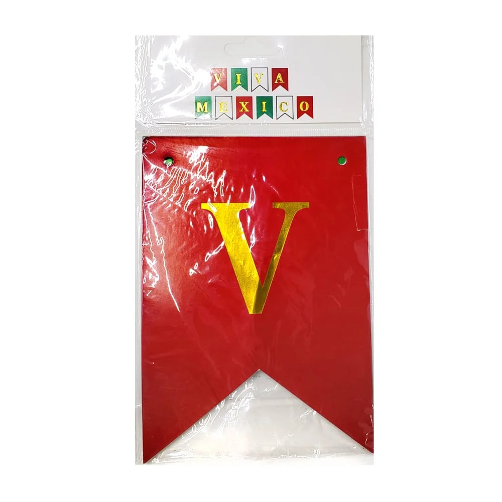 Banderín tricolor en forma de viva México con letras doradas / bne-d-004