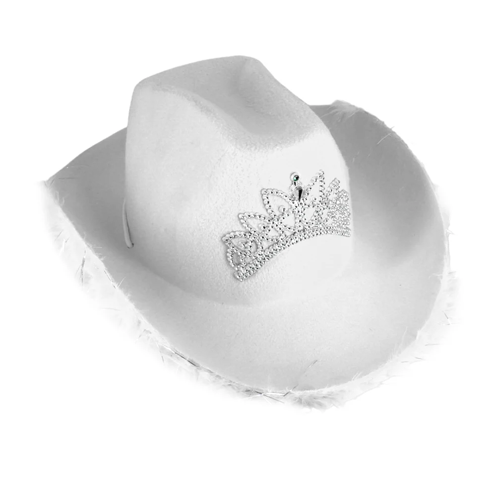 Sombrero estilo vaquero para fiesta con decoración de plumas y corona, variedad de colores