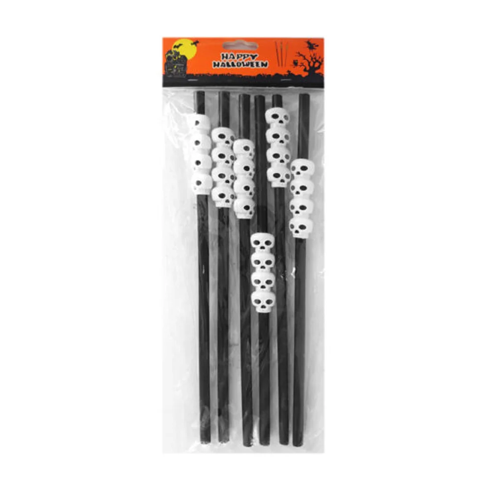 Paquete de 6 popotes de plástico negro o naranja con figuras de calaveras blancas o calabazas / happy halloween / bt-1842