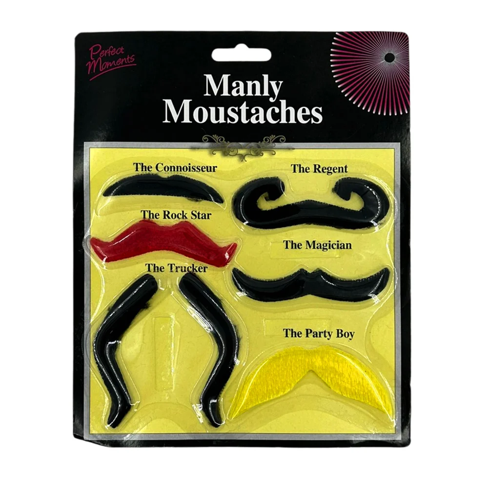 Blíster con 6 diversos bigotes adhesivos de tela, variedad de colores / manly moustaches