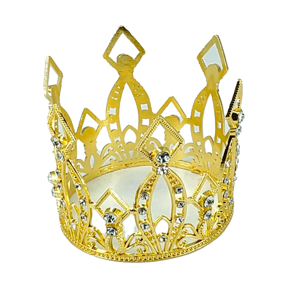 1pza Corona metálica de 6 picos con pedrería para decoración 7x6cm, en color plateado o dorado