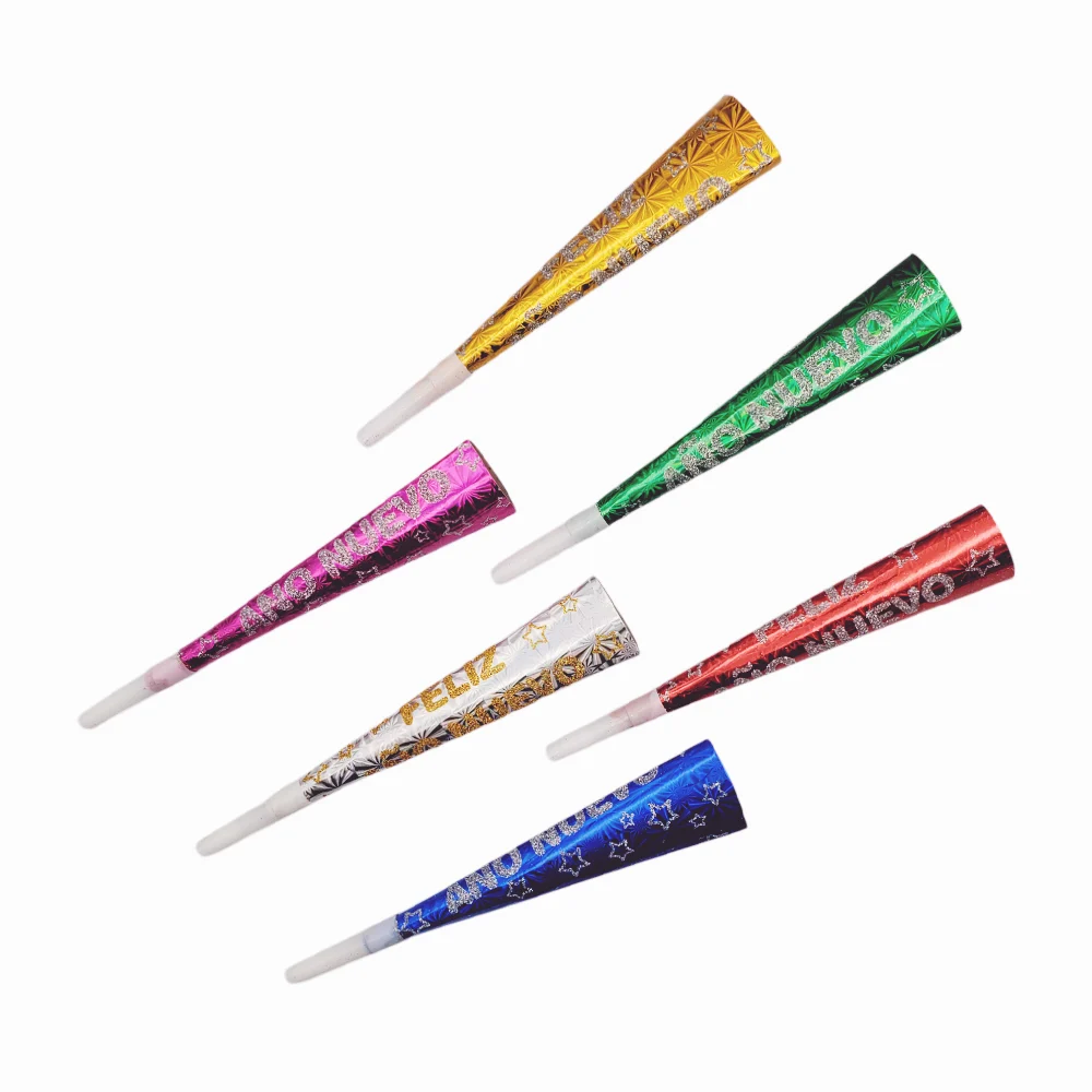 Paquete con 6 trompetas cornetas de cartón con diseño estampado frase de año nuevo con diamantina 25cm, variedad de colores / bt-2209
