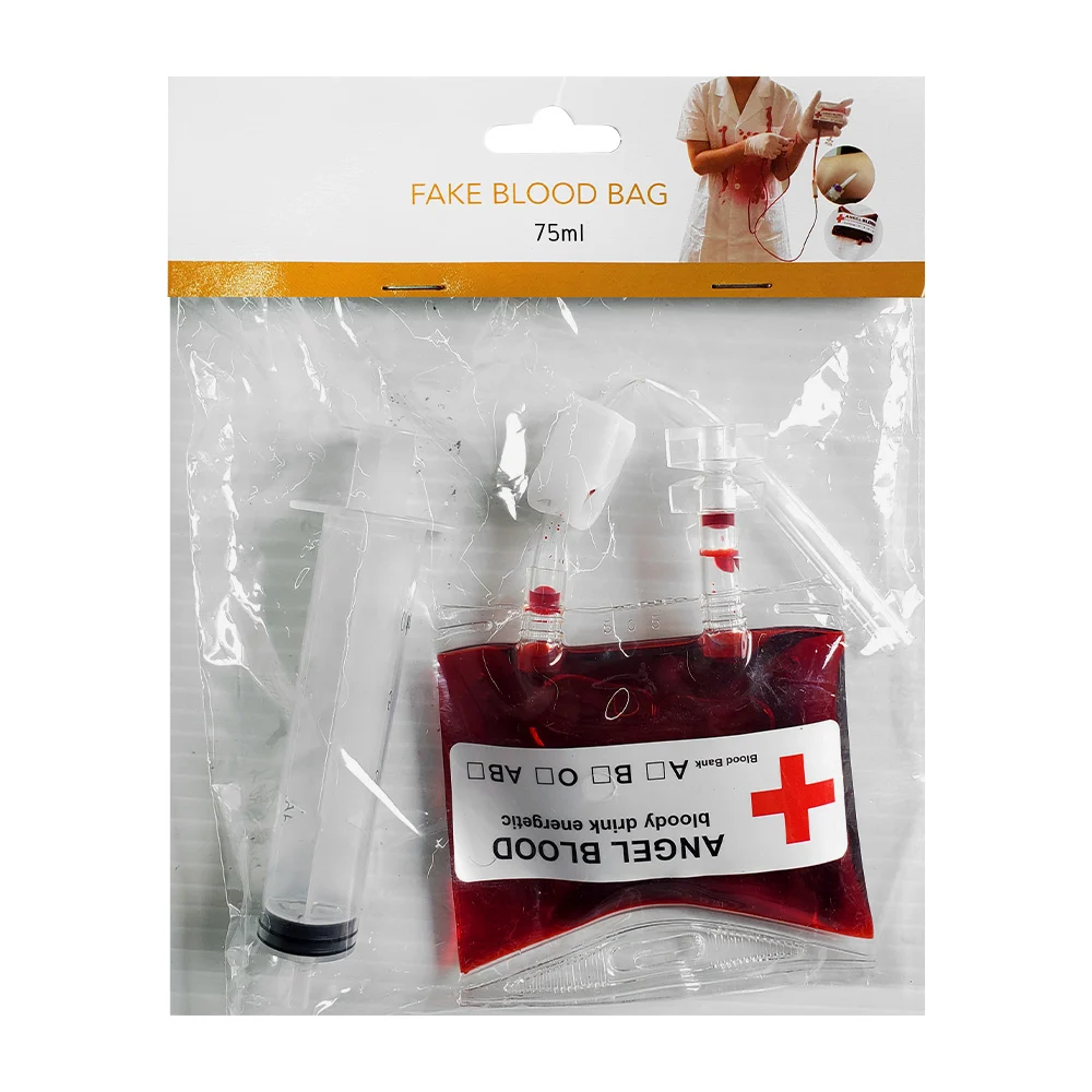 Paquete con jeringa y bolsa de sangre falsa de 75ml para complemento de disfraz / fake blood bag / hw060596