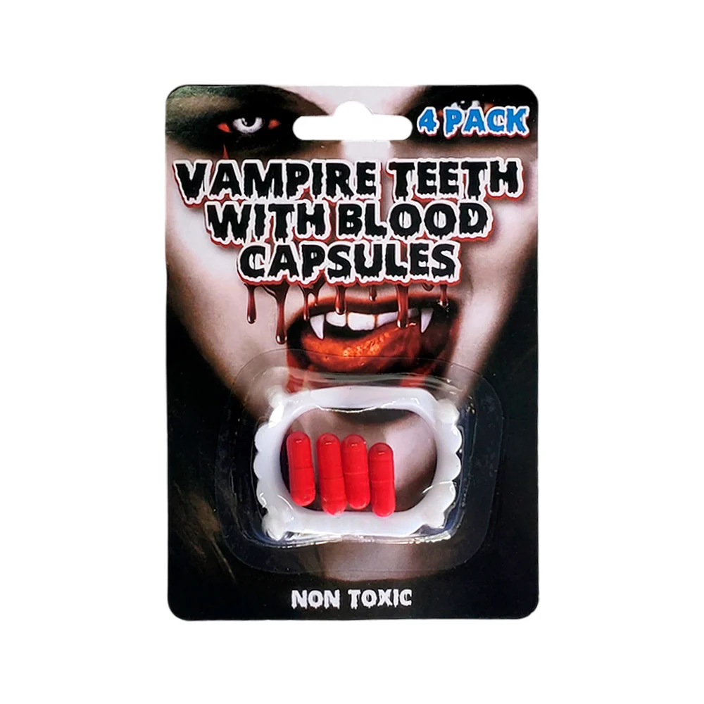 Blíster con colmillos de plástico y 4 capsulas de sangre falsa para complemento de disfraz / vampire teeth with blood capsules / hw019075