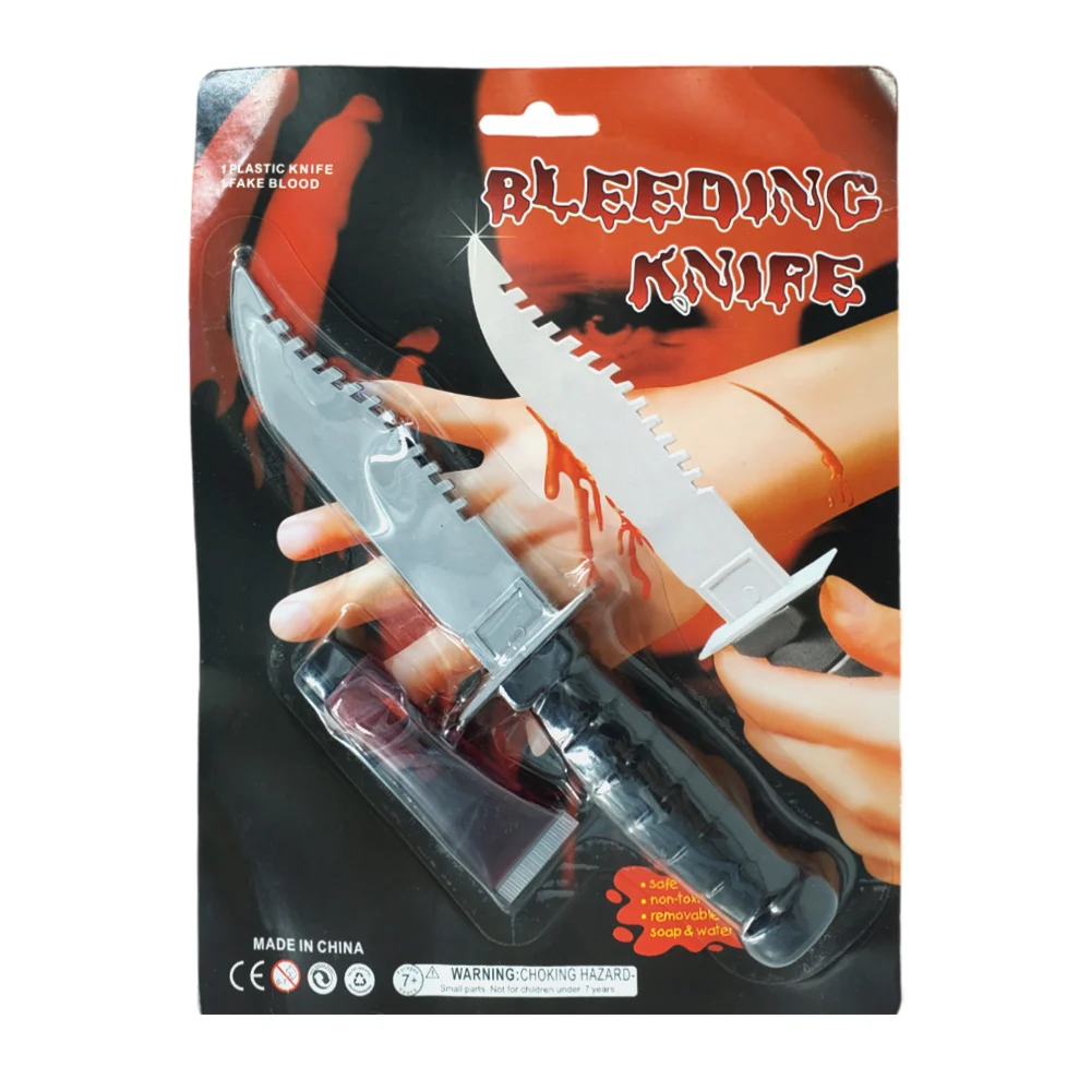 Blíster con cuchillo de plástico y mini frasco con sangre falsa para complemento de disfraz / bleeding knife / 70990