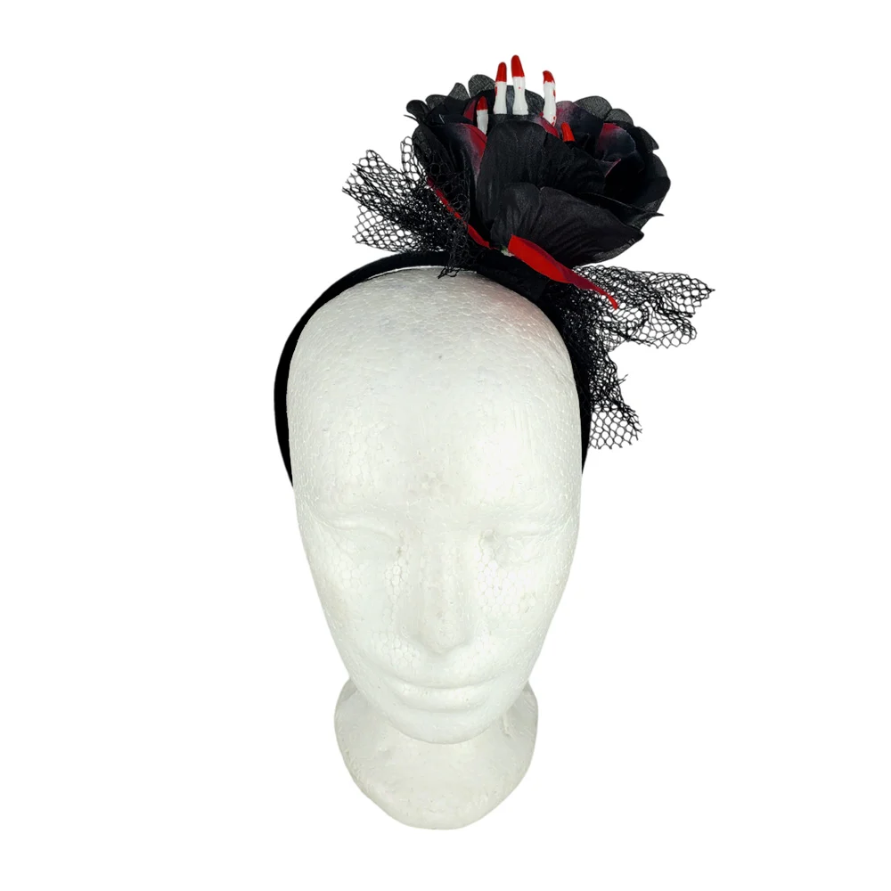 1pza Diadema con moño de red, rosa y mano de esqueleto para disfraz / bt-2615