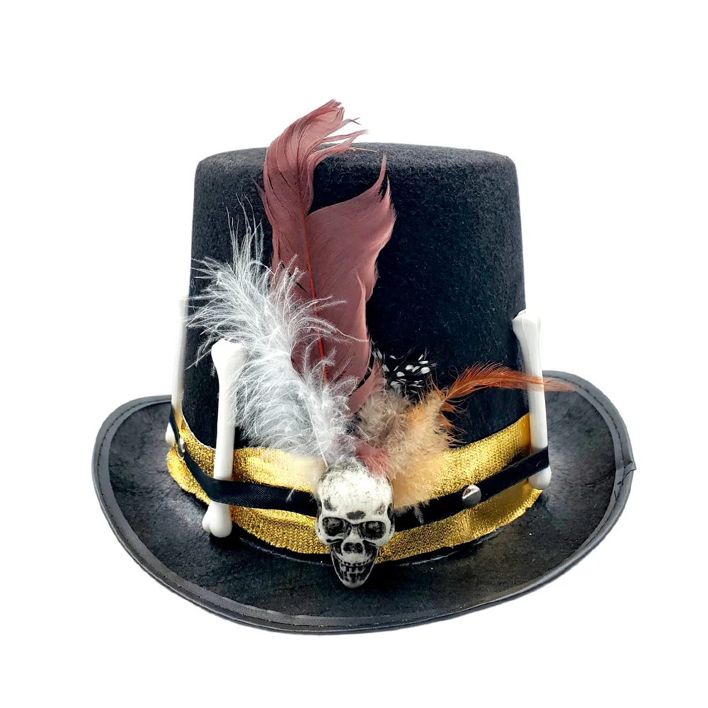 Sombrero de copa en color negro adornado con figuras de huesos, plumas y calavera para disfraz de halloween / bt-2661