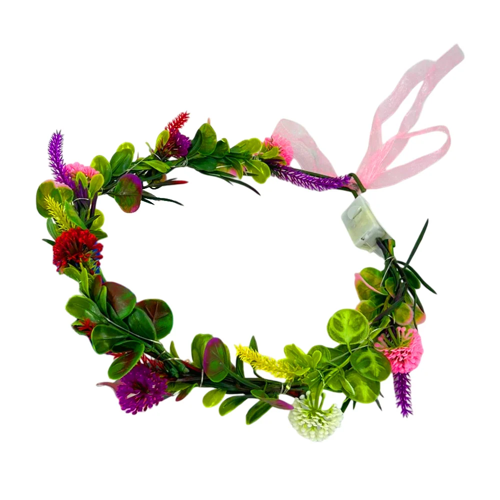 1pza Corona diadema de ramas con flores de colores + serie de luz led