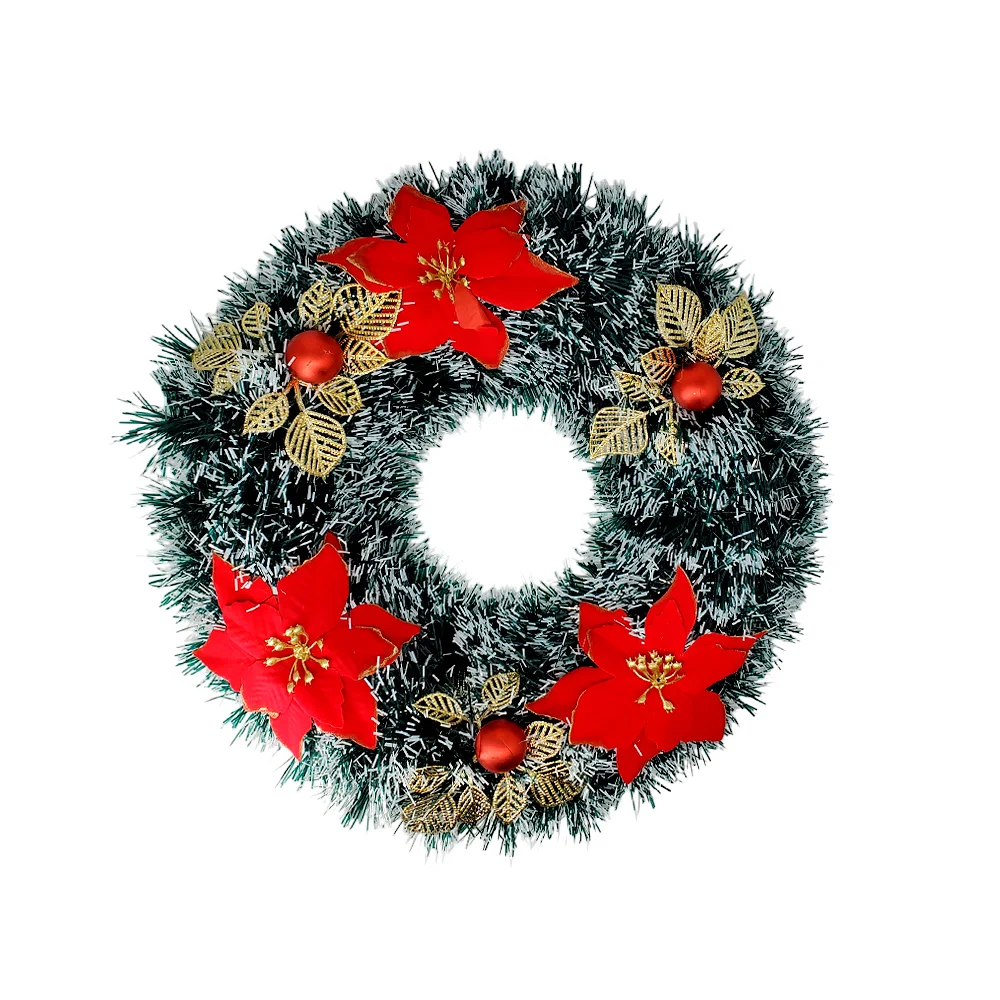 Corona navideña colgante para decoración de puerta con diseño de escarcha tipo nevado + nochebuenas y esferas 38cm, variedad de colores / bt-2723