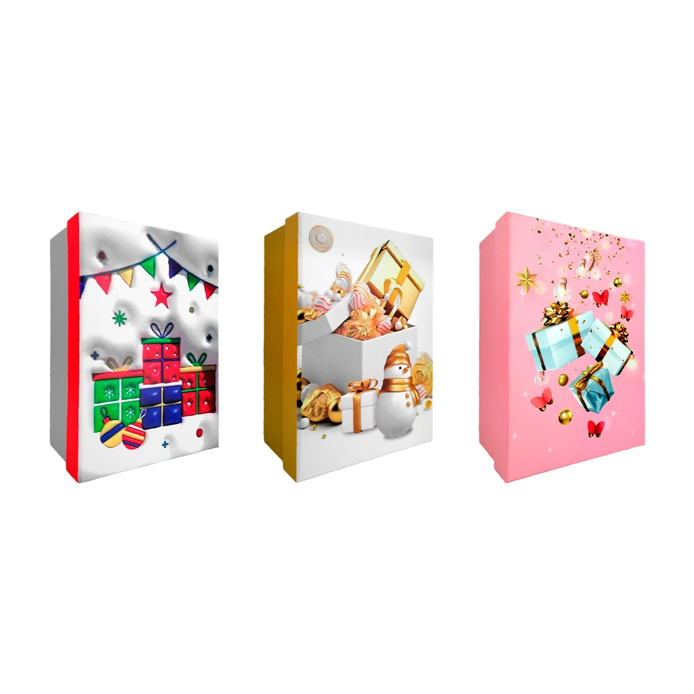 Set de 3 cajas de regalo rectangulares con diseño navideño en tamaños chico 19x12cm, mediano 21x14cm y grande 23x16cm, variedad de modelos / bt-2753