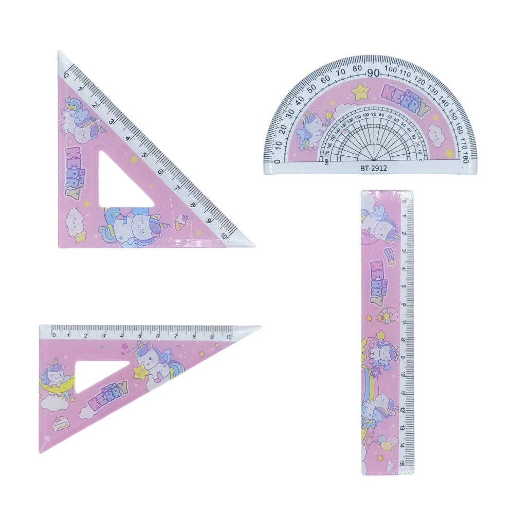 Mini juego de geometría con 2 escuadras, regla y transportador con estampado de unicornios / kadishidai