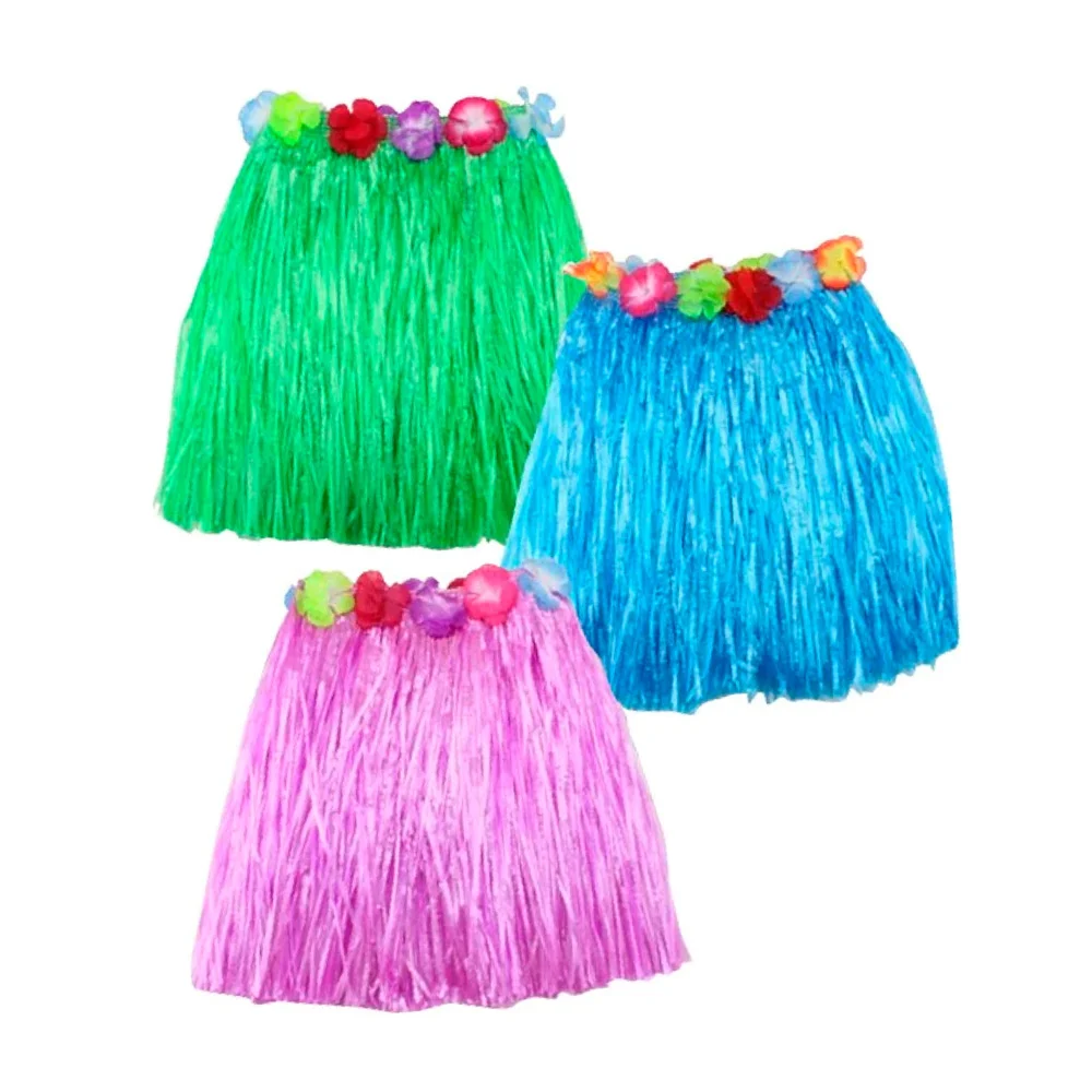 1pza Falda hawaiana de plástico con detalle de flores 48cm, variedad de colores / hwn-015