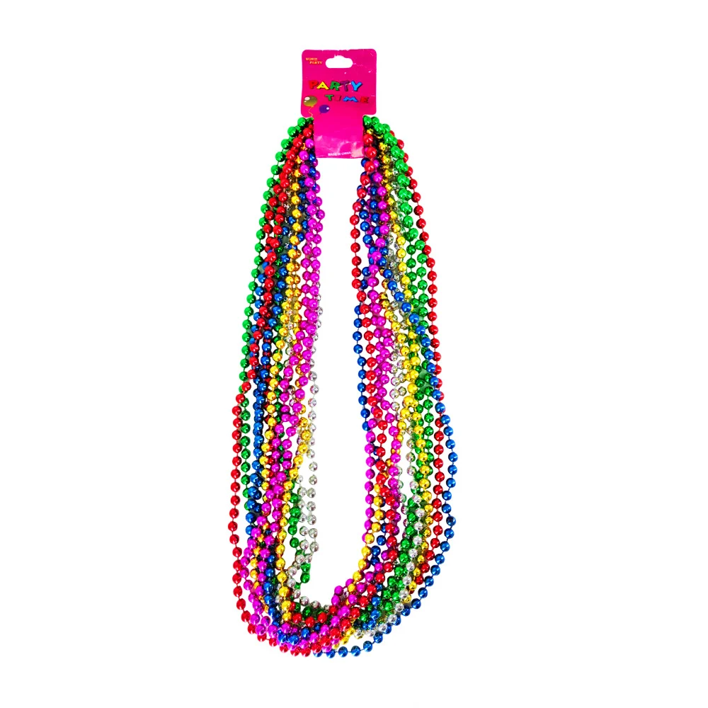 Paquete 12 collares de bolita para fiesta party time tipo carnaval, variedad de colores metálicos / bt-745