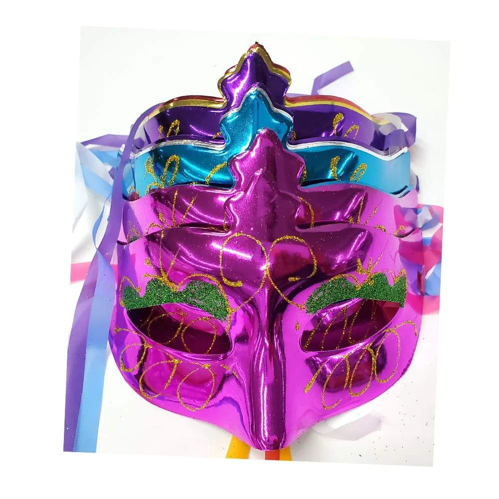 Paquete con 12 mascaras/antifaz de plástico para fiesta o carnaval con diseños de brillantina y seguro de tela, variedad de diseños / bt-812
