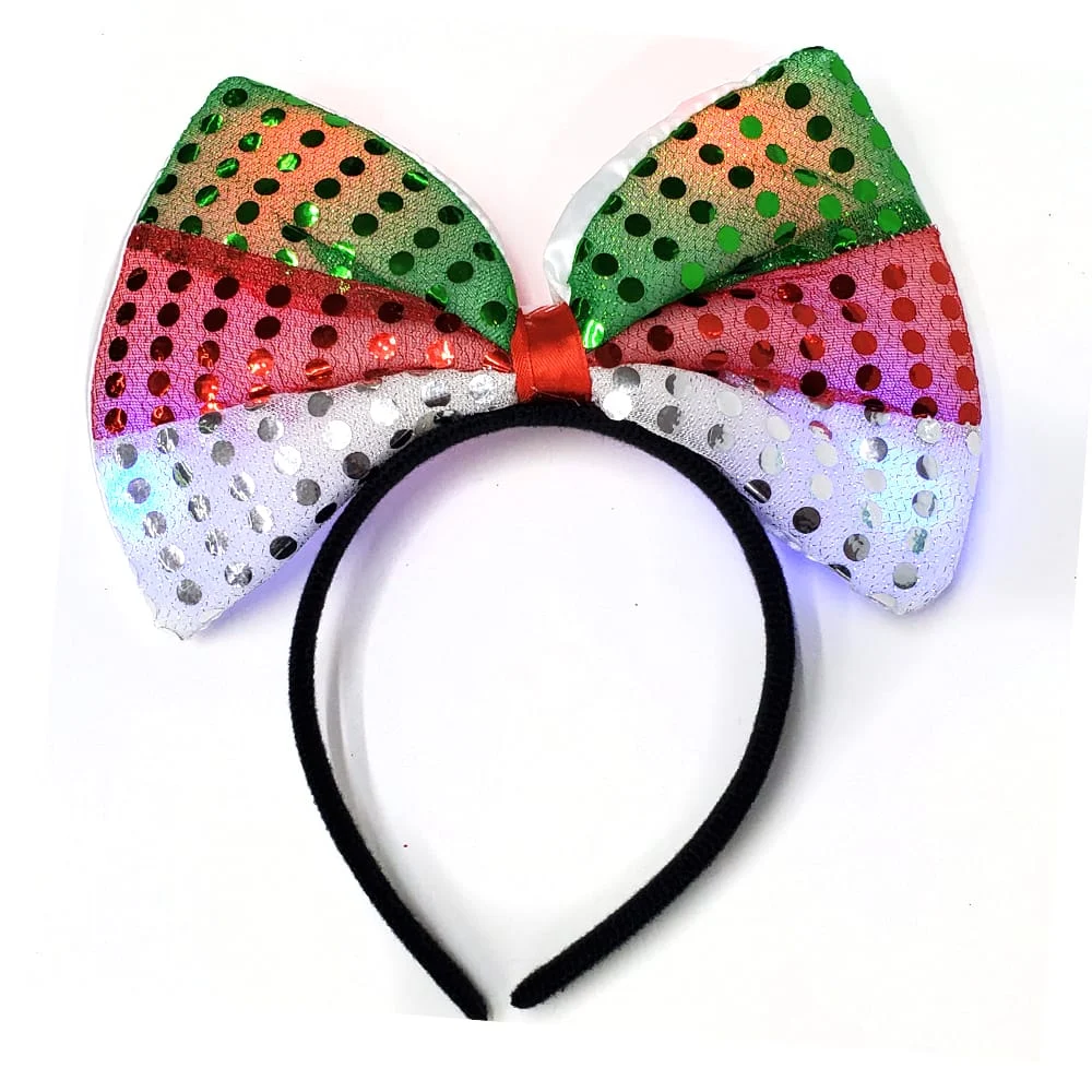 1pza Diadema con moño grande tricolor con lentejuelas y luces led / bt-842