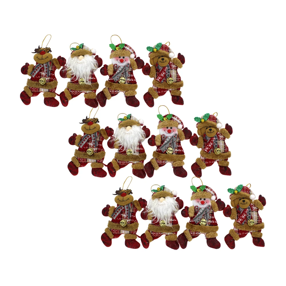 Paquete 12pzas adorno colgante de tela diseño personaje navideño con cascabel, guantes y botas craquelados, variedad de modelos / bt-975