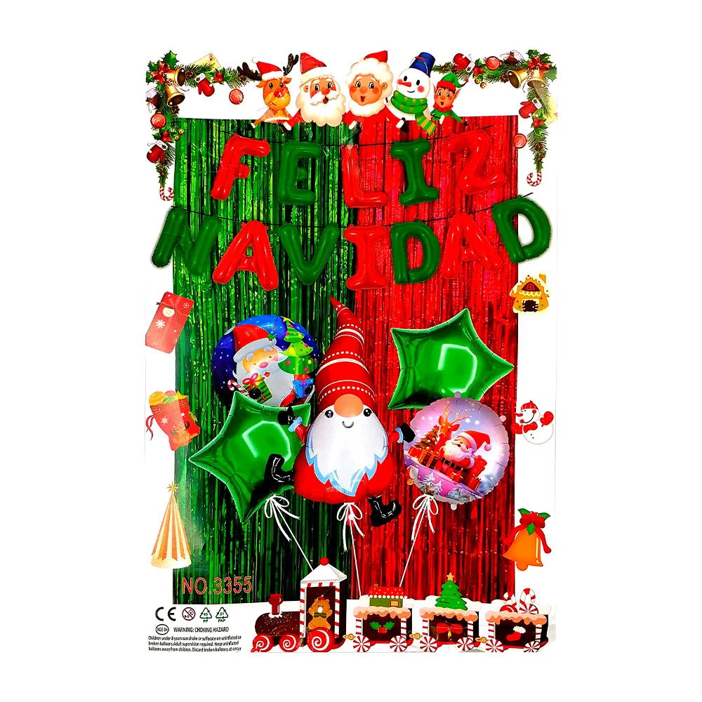 Set decorativo navideño con cortina de plástico y diversos globos de feliz navidad, variedad de modelos / 3355