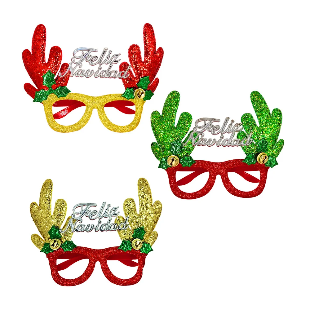 1pza Lentes temática navideña con diamantina frase de feliz navidad diseño cuernos de reno y cascabel, variedad de colores / bt-s2015