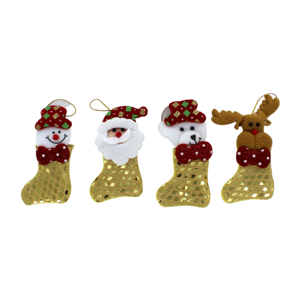 Paquete 12pzas adornos colgantes diseño bota navideña de tela con paralelogramos color metálico y personajes navideños afelpados, variedad de modelos / bt-s2041