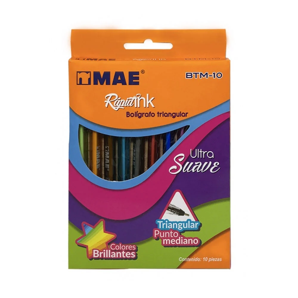 Caja con 10 plumas bolígrafos de colores en forma triangular de punto mediano / rápidink