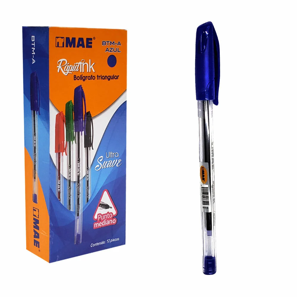 Caja con 12 plumas bolígrafos triangulares mae rápid ink de punta fina 1mm tinta color azul