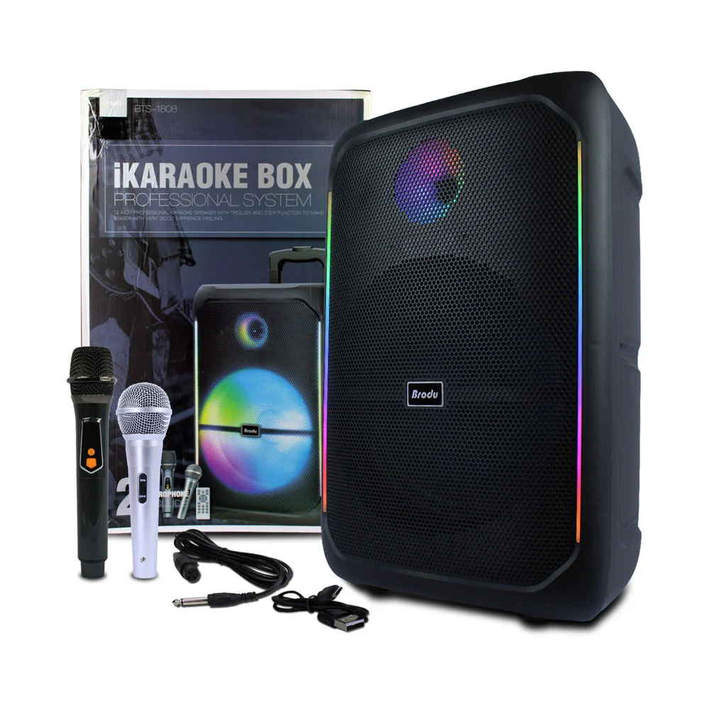 Bafle bocina con karaoke bluetooth de 12 pulgadas con 2 micrófonos, control remoto y luz led rgb / bts-1808