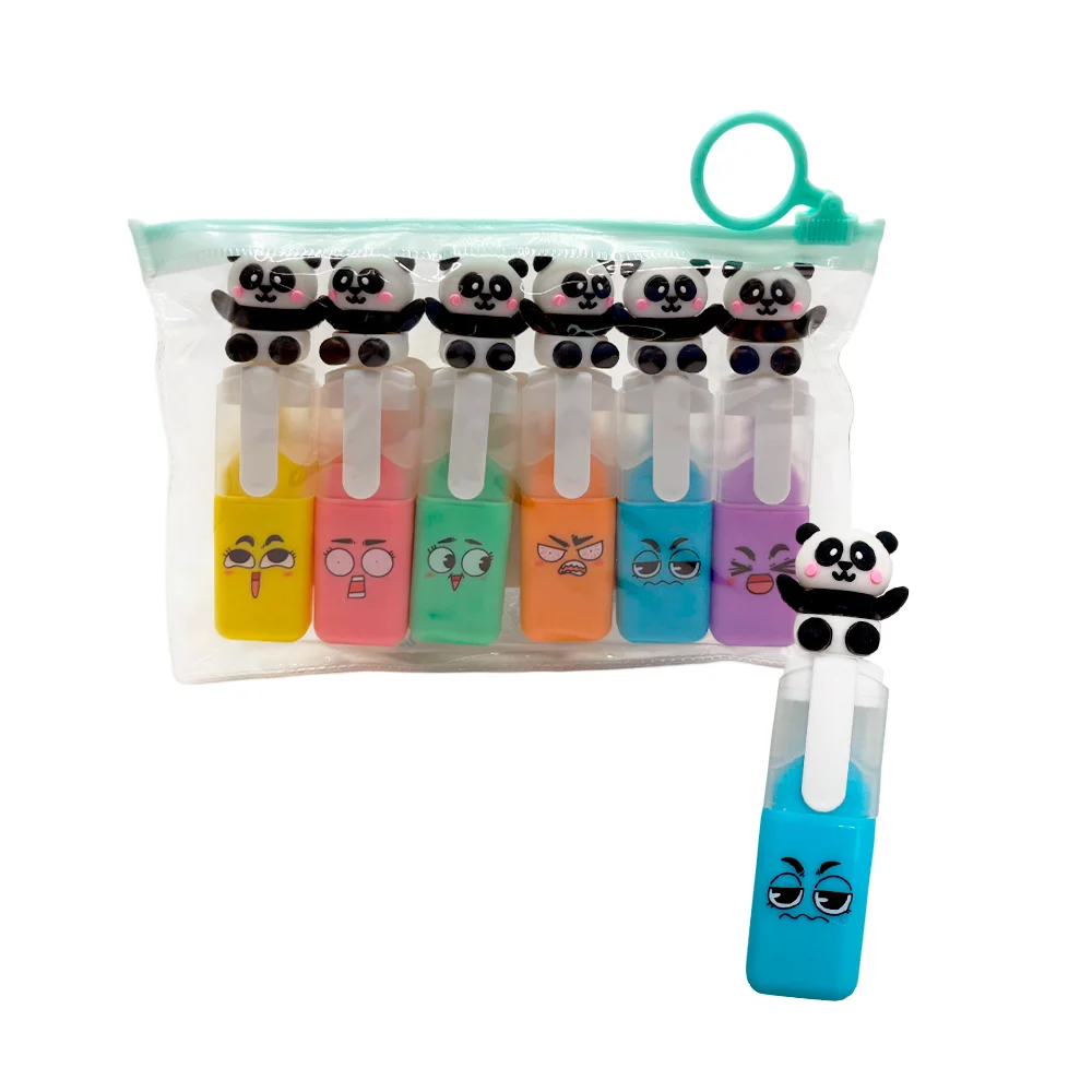 Paquete de 6 mini marcatextos, con estampado de carita, forma cuadrada y figura de pandita kawaii, variedad de colores / bxwj / bx-718 / c400-7-395