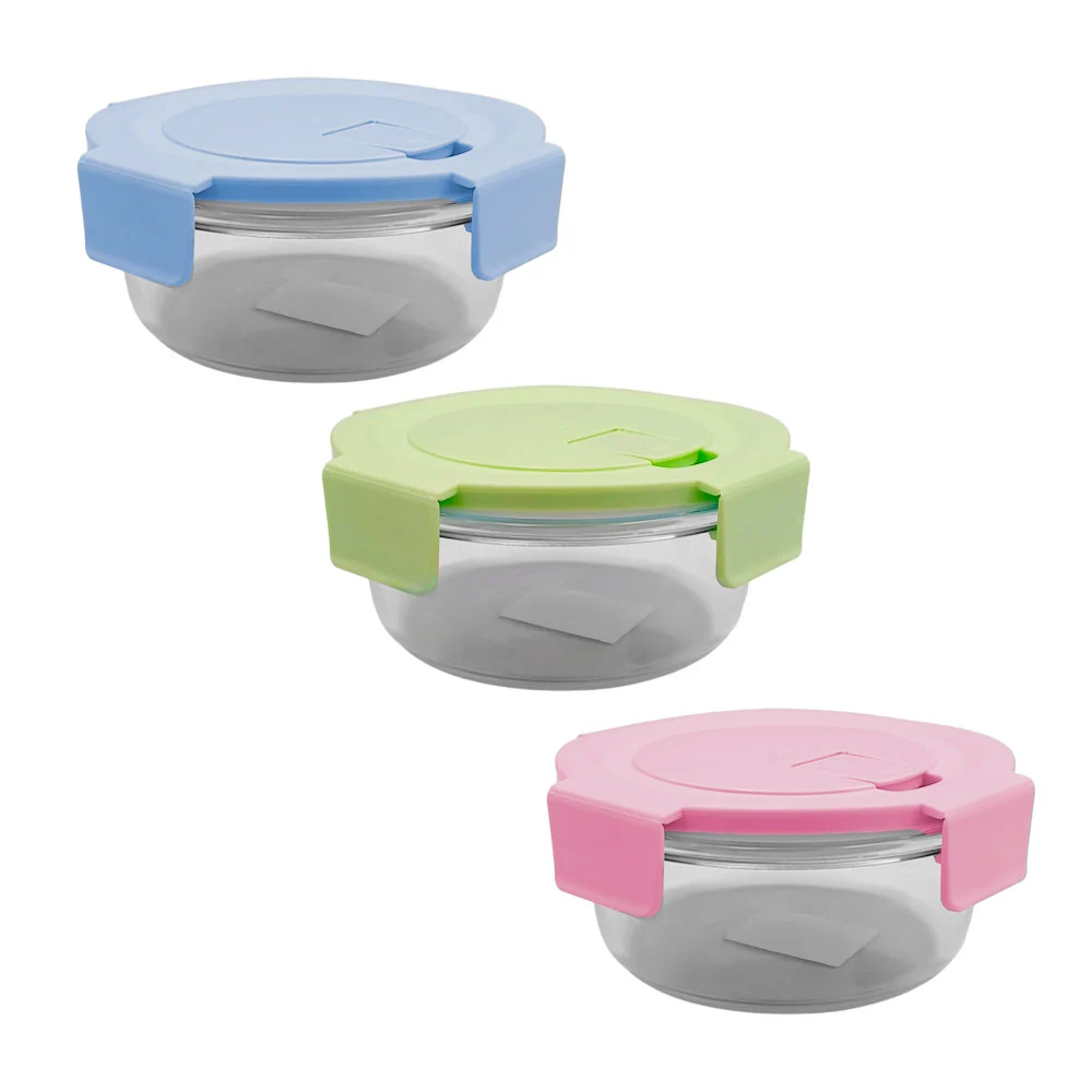 Tupper chico de 400ml, redondo 13x6.5, de cristal, hermético, variedad de colores / ro-bxw400