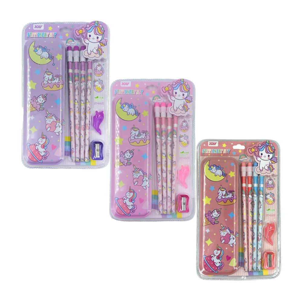 Kit de papelería con lapicera metálica, 4 lápices, sacapuntas y agarre de silicon con diseño de unicornios, variedad de colores / stationery set / c-998-42