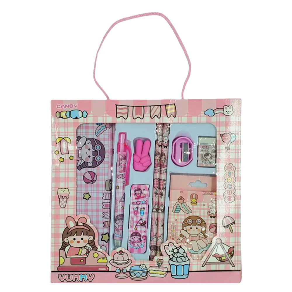 Kit de papelería infantil con lapicera metálica + caja de 8 mini crayolas, pluma, borradores, sacapuntas, 2 lápices y puntillas de repuesto con diseño estampado de personajes animados, variedad de diseños