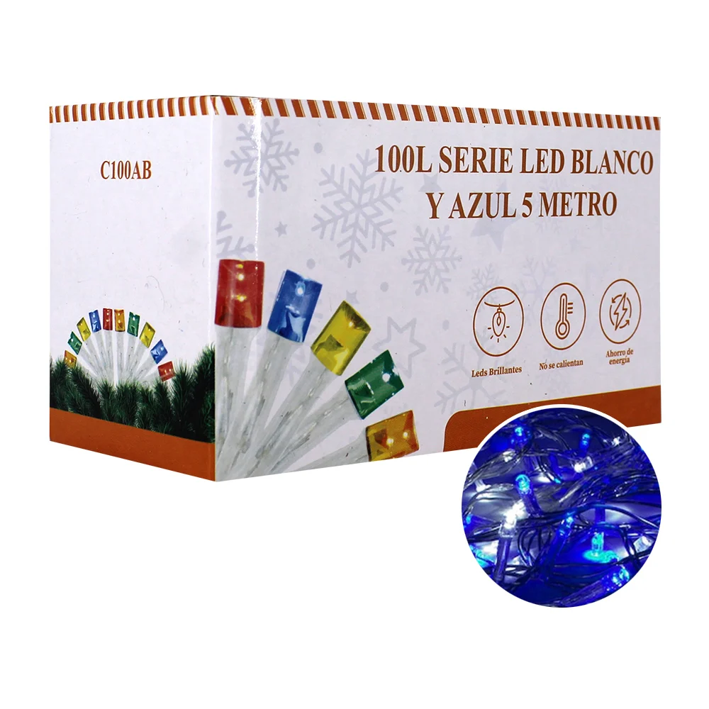 Serie de cable verde, 5 metros con 100 luces led de color blanco y azul / c100ab