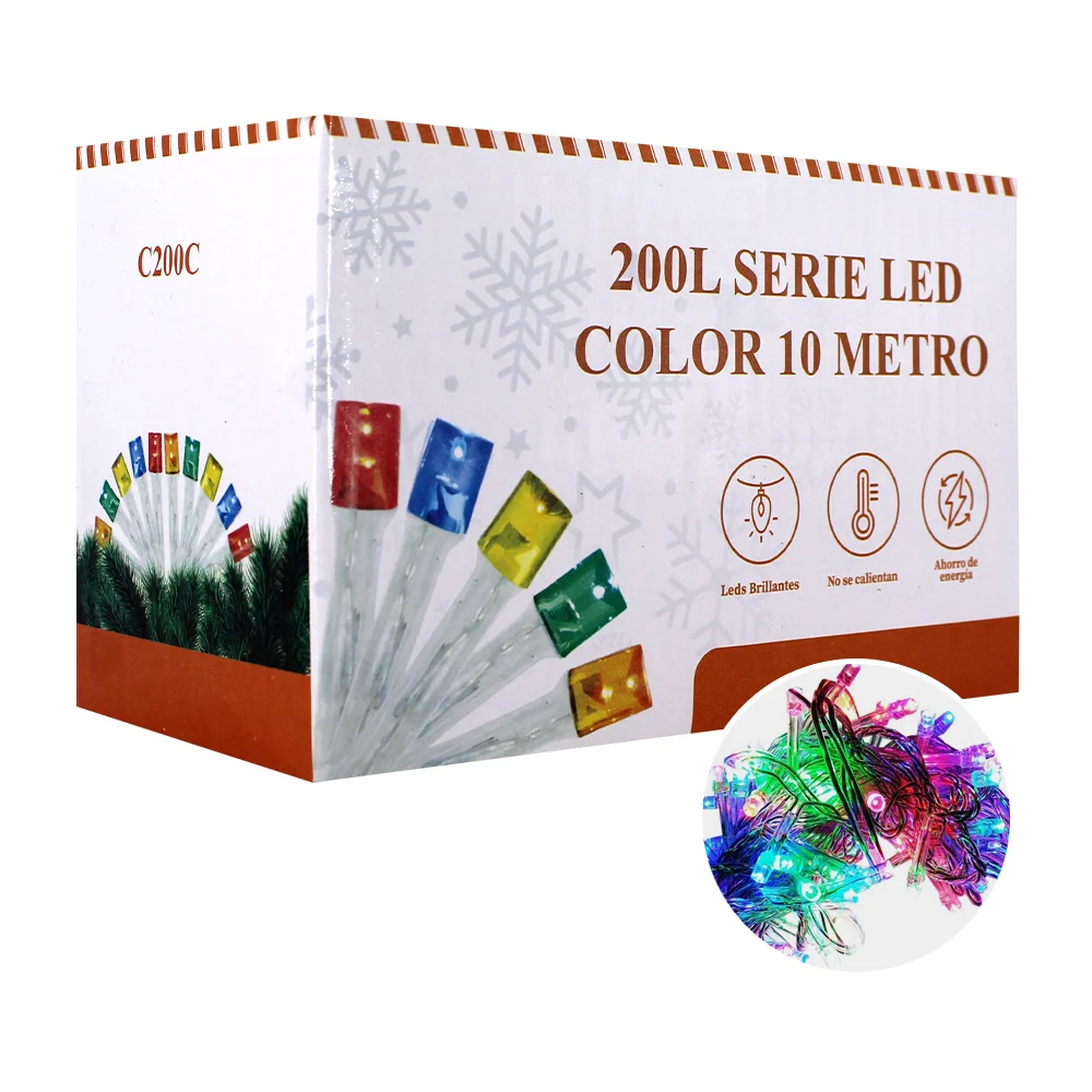 Serie de cable transparente, 10 metros con 200 luces led en tono multicolor / c200c