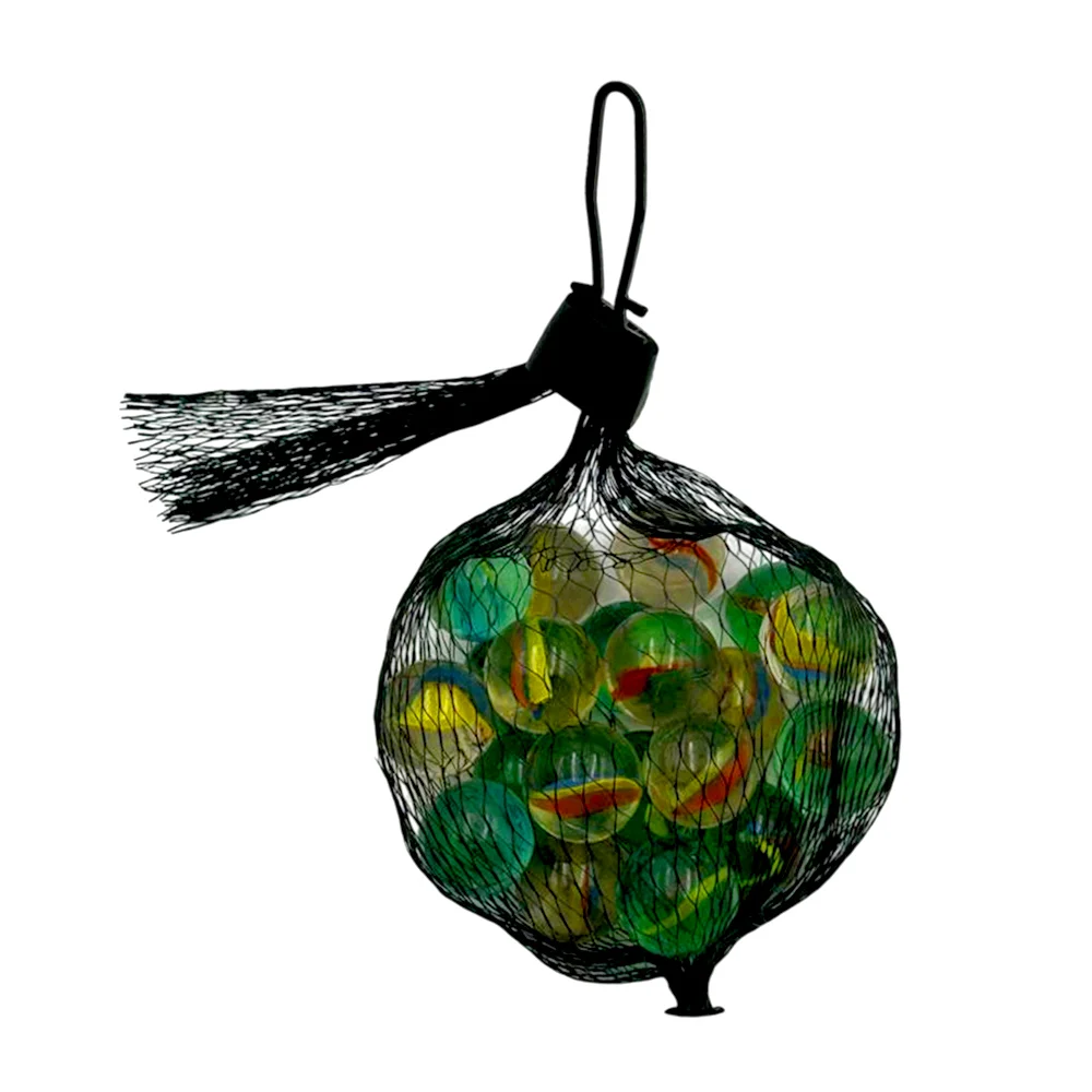 Bolsa tipo costal de malla con 20 canicas pequeñas transparentes / c2032