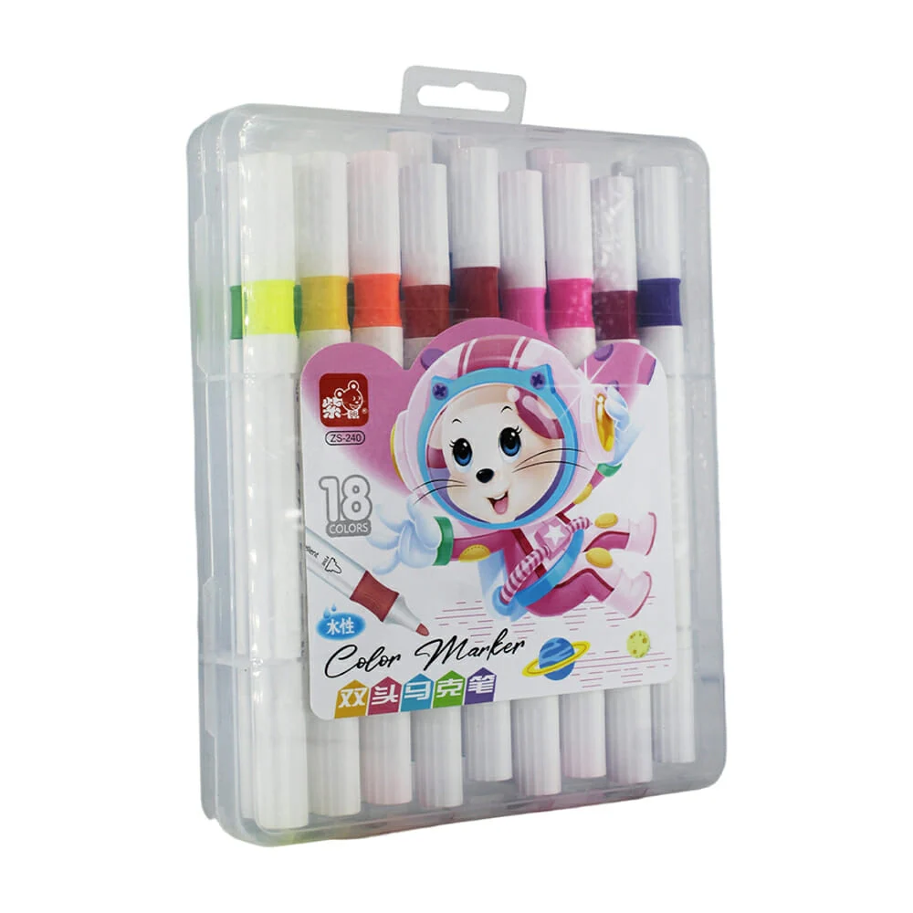 Estuche transparente con 18 marcadores plumones zishu color marker doble punta de colores / zs-240