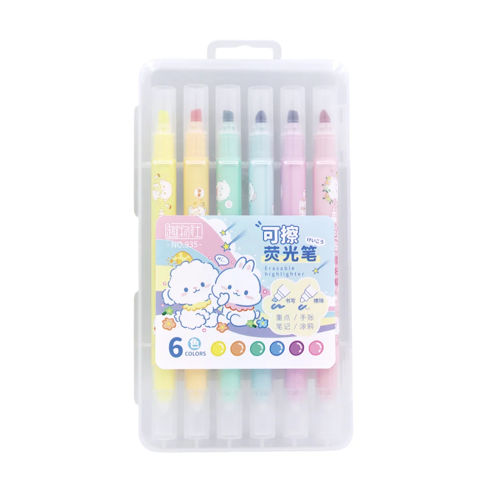 Caja transparente con 6 plumones de doble punta borrables y estampado de personajes animados, variedad de colores / 6 colors / 935