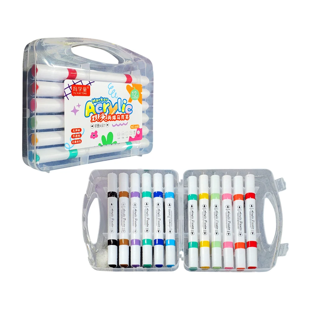 Estuche con 12 plumones acrílicos de colores con doble punta / marker acrylic / 668 / c384-564